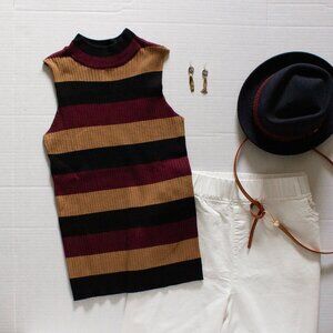 Questions? - Ribbed Knit Sleeveless Striped Mock Turtle Neck Sweater - Womens M